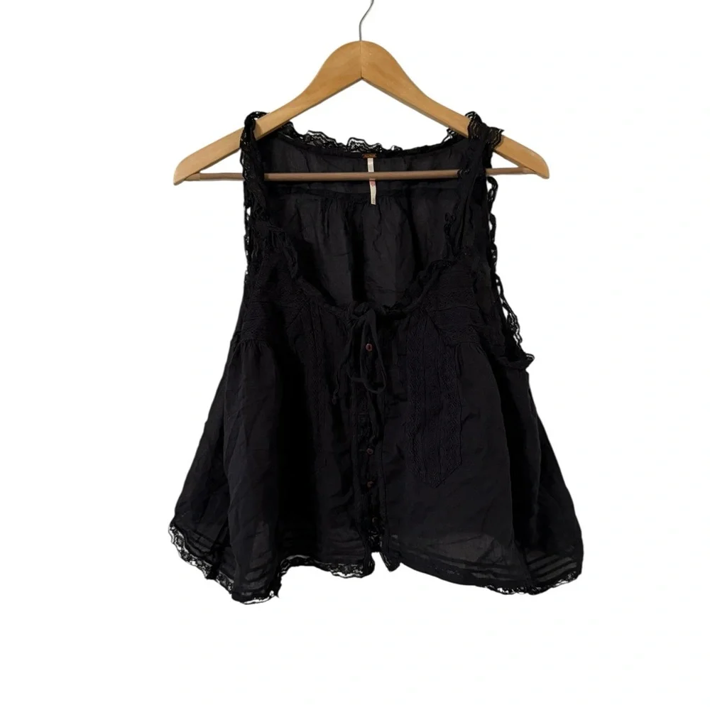 FREE PEOPLE Evermore Lace Button Down Ruffle Black Cami Tank Top - Picture 3 of 8